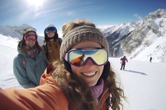 Portrait of group of friends with skis and snowboards on winter holidays. Generative ai image
