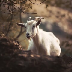 portrait white goat on a mountain