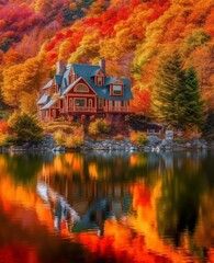 Fototapeta na wymiar country house near a lake in autumn season