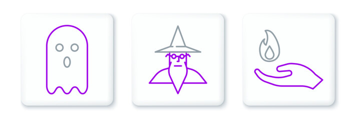 Set line Hand holding a fire, Ghost and Wizard warlock icon. Vector