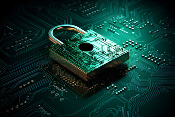 Cybersecurity concept depicting a padlock on top of a microchip board, symbolizing protection, safety, and secure connections in the digital world.