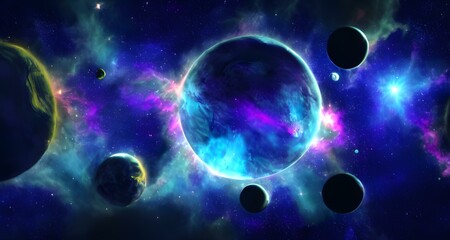 Obraz na płótnie Canvas Planets orbiting an exotic blue sun