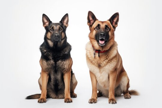 Labradors and German Shepherds are both outstanding hunting, displaying, service, and search-and-rescue dogs. On a white background in a studio