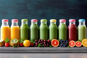 A panoramic banner shows a line of healthy smoothies made with fresh fruit and vegetables and served with straws in glass bottles.