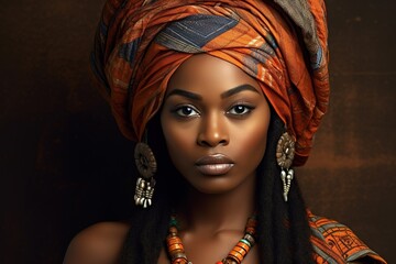 Portrait of beautiful young african woman in turban - obrazy, fototapety, plakaty