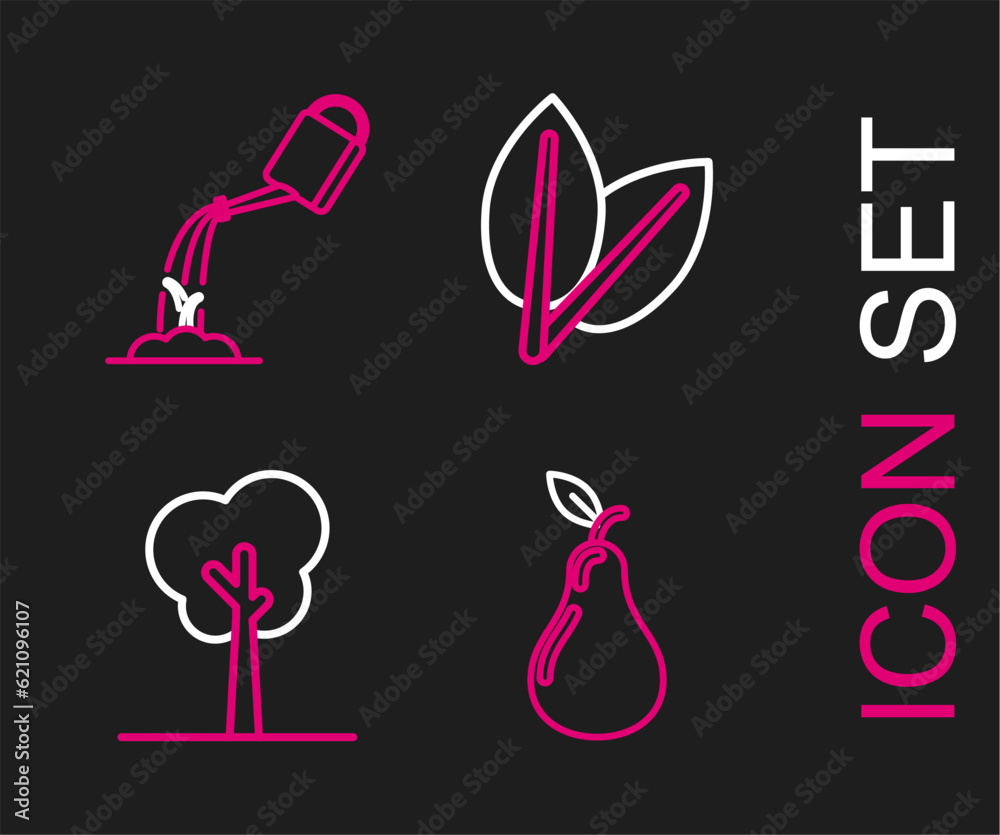 Wall mural Set line Pear, Tree, Leafs and Watering can with water icon. Vector