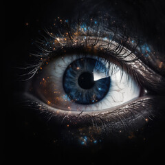 Mistique close up of big human eye on black background. Blue, dark colors. Long black lashes. Eye in deep darkness, cover concept. AI generative art