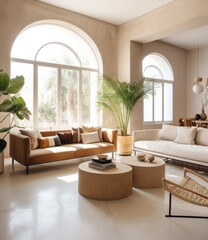 living room with brown and white sofa, plants