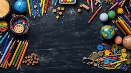 school supplies on the background of a school black board for design. back to school concept. the beginning of the school year, September 1.