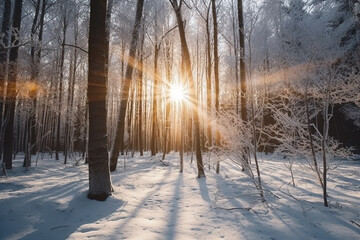 The landscape of the winter forest with the rays of the sun shining through the branches of trees. Generative AI.