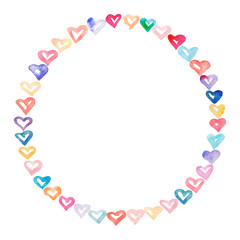Hand drawn watercolor hearts round frame. Romantic wreath for valentines day. Isolated on white background. design for holiday greeting card and invitation of the wedding, Valentine's day and Happy
