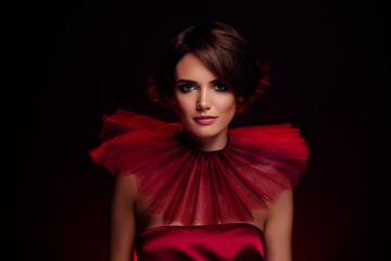 Photo of attractive woman wear red silky dress high collar fashion week art fabulous look modern...