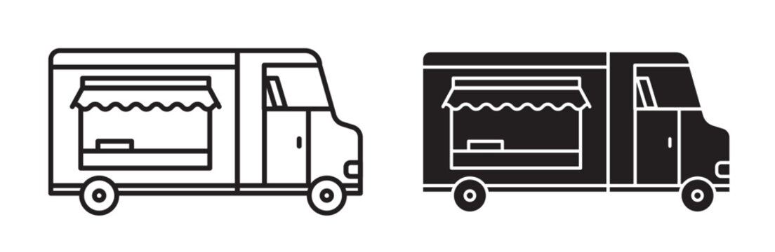 Mobile food truck icon vector set. Street ice cream van line sign. Foodtruck vehicle outline and fill symbol in black color.