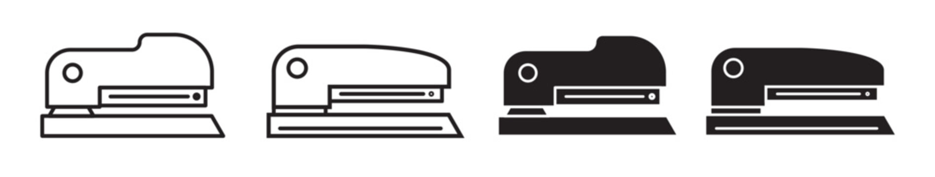 Stapler icon set in black filled and outlined style. Office paper staple stapler line icons.