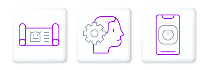 Set line Turn off robot from phone, Robot blueprint and Humanoid icon. Vector