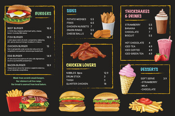Hand drawn painted bacon, beef, egg cheese burger, fried chicken, milkshake, ice cream cone, french fries, Vector Illustration