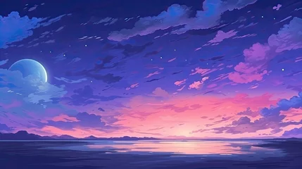 Crédence de cuisine en verre imprimé Bleu foncé Beautiful anime-style illustration of a twilight landscape