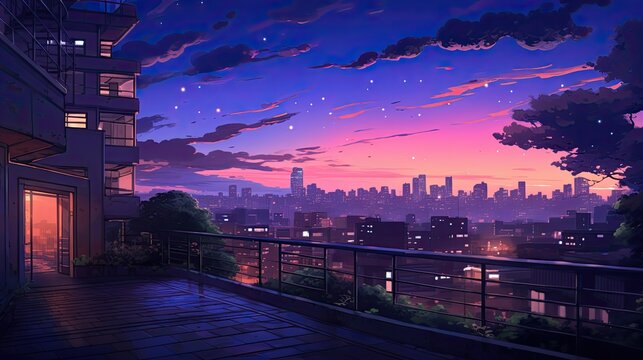 Beautiful anime-style illustration of a city skyline at twilight