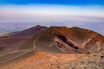 hikers on Etna volcano Crater in Sicily, Italia