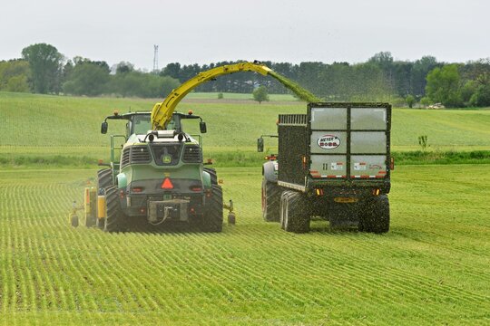 WAUPON; WISCONSIN - May 16, 2023: John Deere 9900 forage harvester loading silage into a Boss wagon being pulled by a Fendt tractor