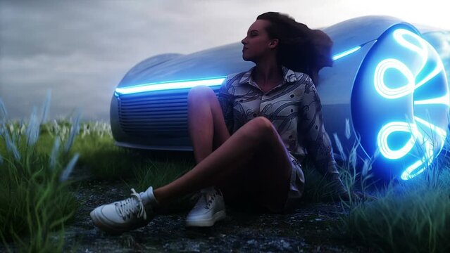 3d girl and futuristic electric car on walley. Future concept. Realistic 4k animation.