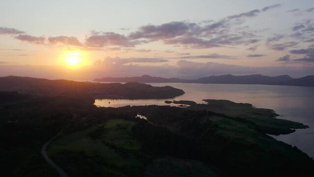 Sunset over Tobermory from a drone, Isle of Mull, Scotland, UK