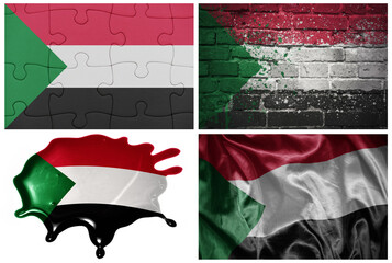 national colorful realistic flag of sudan in different styles and with different textures on the white background.collage.