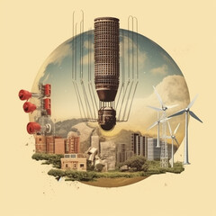 Commercial Wind Turbine or Windmill Climate Change Concept - In Collage Art Style with Retro Aesthetic - Representing Global Warming and Clean Energy - Generative AI