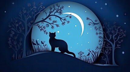 Dark blue cat silhouette standing on a hill with trees under full moon at night. Flat paper cut style, black, blue, white colors. Gretting card, book cover concept. AI generative art, illustration