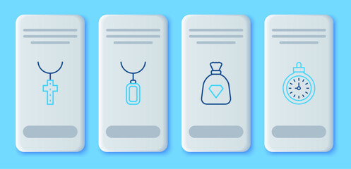 Set line Pendant on necklace, Bag with gems, Christian cross chain and Pocket watch icon. Vector