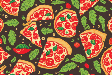 Vector seamless pattern with slices of round pizza
with sausage, herbs, mayonnaise and tomatoes
on a black background.