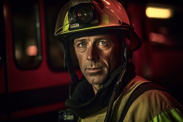 Portrait of a male firefighter on the background of a fire engine.