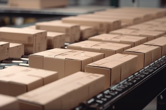 Pakete auf dem Rollband. Zuteilung und Verteilung beim Paketdienst. Pakete versenden und sortieren. Ideal als Hintergrundbild im Onlineshop.