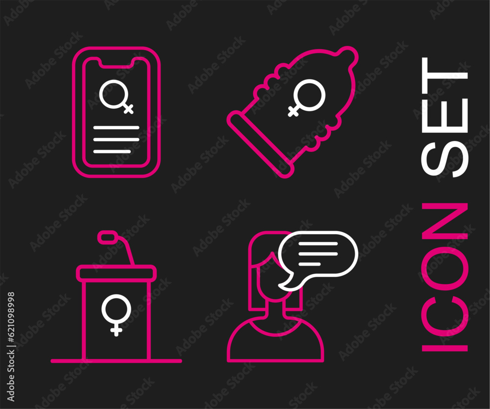 Sticker Set line Female opinion, Debate podium rostrum, Condom and Dating app icon. Vector