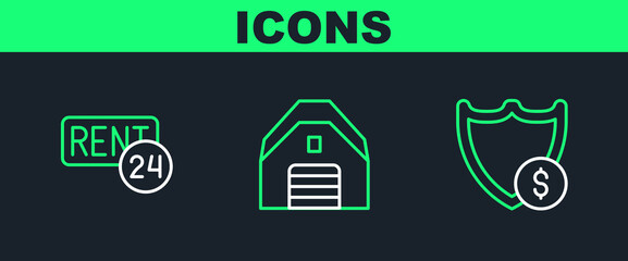 Set line Shield with dollar, Rent and Garage icon. Vector