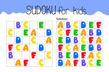Colorful alphabet letters sudoku educational game or leisure activity worksheet vector illustration, printable grid to fill in missing images, puzzle with its solution, teacher resources