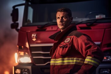 Naklejka na ściany i meble Portrait of a male firefighter on the background of a fire engine.
