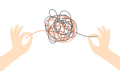 Abstract metaphor of psychotherapy. Psychologist hands untangling tangled thoughts. Chaos in the mind. Vector concept of solving difficult situation.