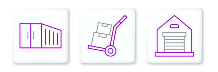Set line Warehouse, Container and Hand truck and boxes icon. Vector