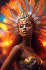 black woman enjoying street carnival. girl in a headdress with feathers laughs. brazilian carnival. generative ai, ai