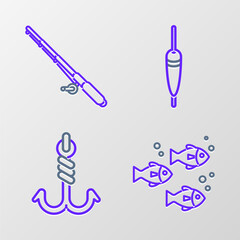Set line Fish, Fishing hook, float and rod icon. Vector
