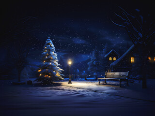 Christmas tree in the winter landscape, snow, night, decorated xmas tree