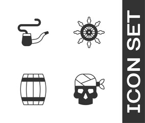 Set Pirate captain, Smoking pipe, Wooden barrel and Ship steering wheel icon. Vector
