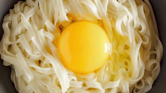 Udon noodles with raw egg, japanese ingredients, rotating, turning, close-up, looped video
