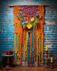Vibrant, multicolored, hand - knotted macrame wall hanging, intricate detailing, Bohemian style, showcased on a distressed brick wall, nostalgic mood, soft lighting