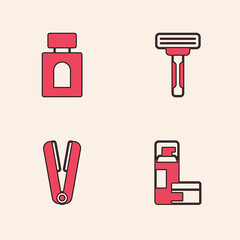 Set Shaving gel foam, Aftershave, razor and Curling iron for hair icon. Vector