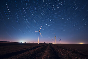 A massive, moonlit wind farm, modern wind turbines spinning against the night sky, star trails in the background