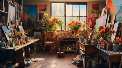 Fototapeta na wymiar Detailed, panoramic shot of an artist's studio, scattered with crafting supplies, the chaos of creation, paints, brushes, half - finished canvases