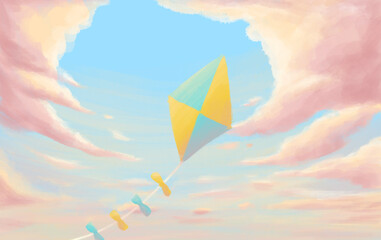 cometa en forma de rombo color amarillo y azul volando en un cielo azul con nubes rosa, concepto de niñez y verano, libertad y juego © Santy Valdes