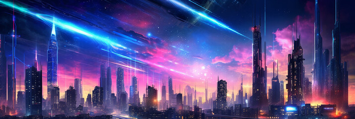 Fototapeta na wymiar Futuristic cityscape panorama in the dusk. Sci-fi skyline, vista of a metropolis. futuristic skyscrapers on a new planet in space. Background with digital illustration for banner and displays. AI art